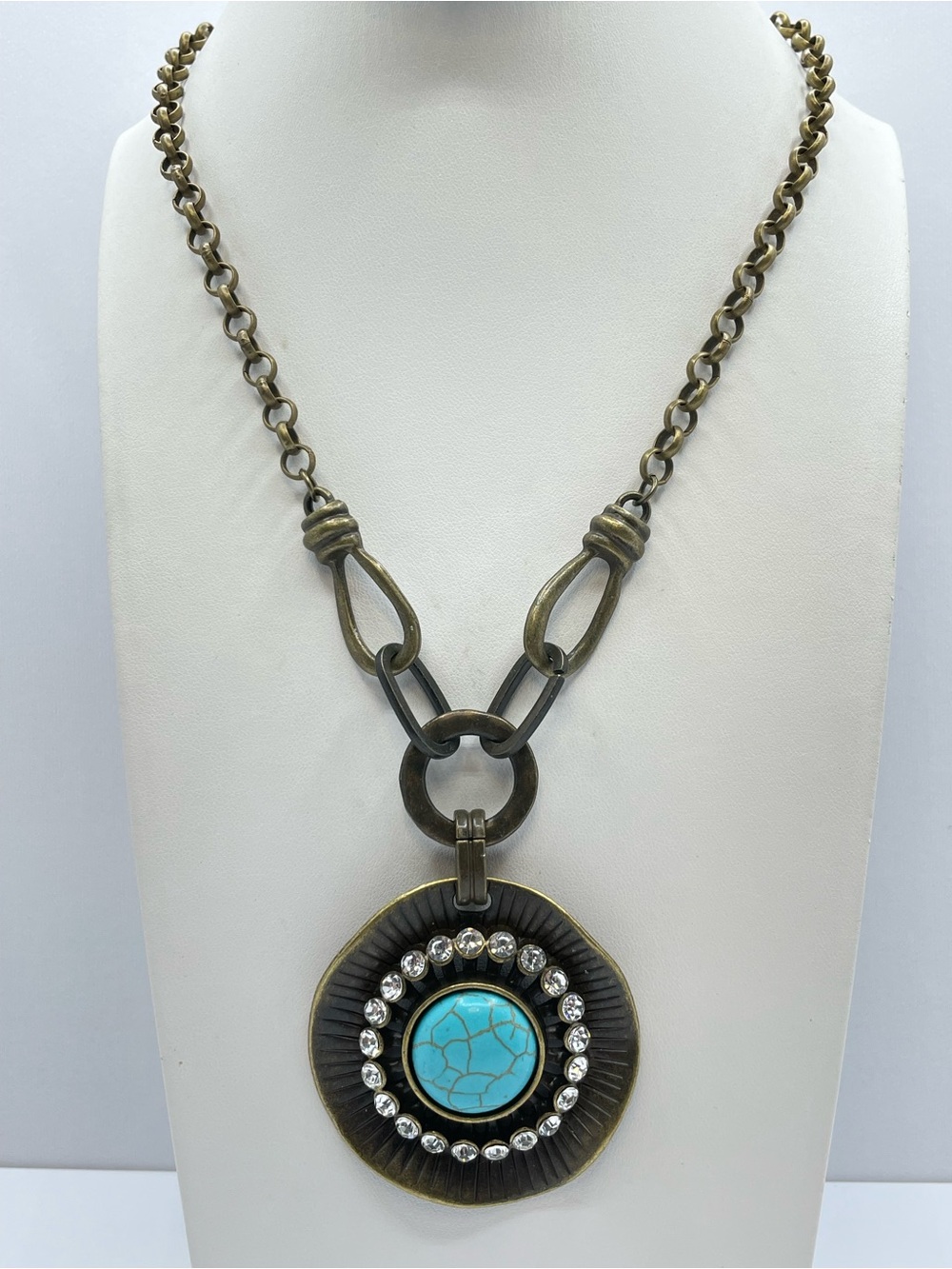 Antique Gold Tone Howlite Rhinestone Statement Necklace Boho